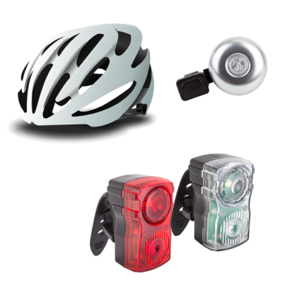 Bike Helmet, Bike Bell, and two Bike Lights, one red, one white