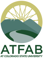 Alternative Transportation Fee Advisory Board at Colorado State University Logo with Bike Wheel with Spokes foretooth mountain and road leading to the mountain