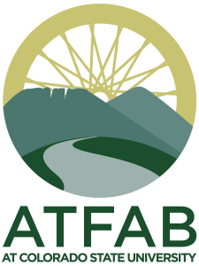 Alternative Transportation Fee Advisory Board at Colorado State University Logo with Bike Wheel with Spokes foretooth mountain and road leading to the mountain